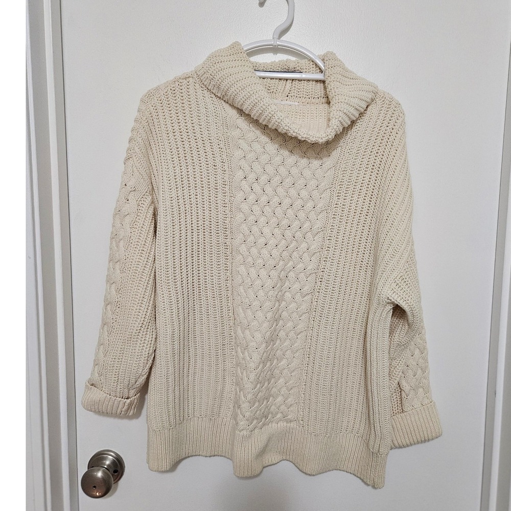 Haven Well Within Cream Cable Knit Cowl Neck Sweater Large Ivory Cotton Blend